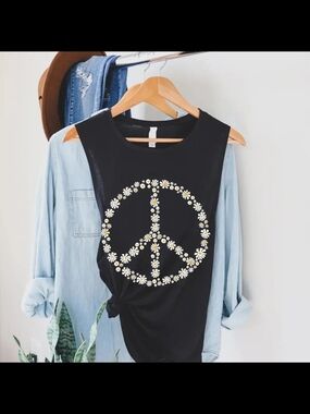 Floral Daisy Peace Sign Black Muscle Tank Top Relaxed Fit S M L